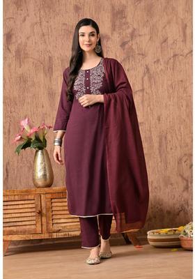 Maroon Embroidery Cotton Kurta Set