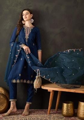 Blue Embroidery Silk Kurta Set