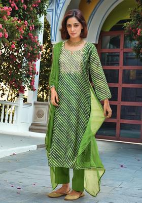Green Embroidery Rayon Kurta Set