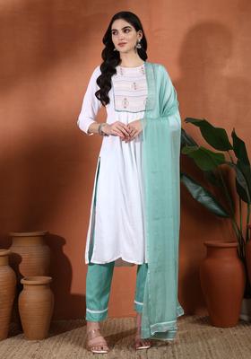 White Embroidery Silk Kurta Set