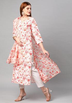 White Floral Print Rayon Kurta Set