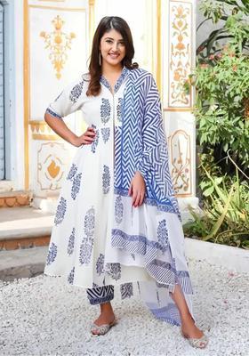 Blue Floral Print Cotton Kurta Set
