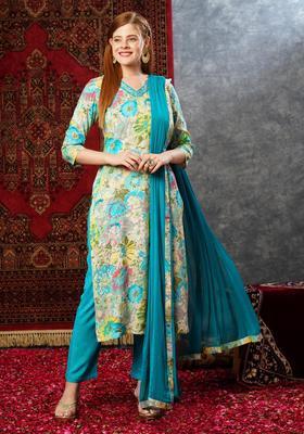 Blue Floral Print Rayon Kurta Set