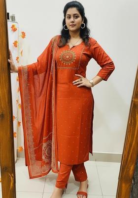 Orange Floral Print Rayon Kurta Set