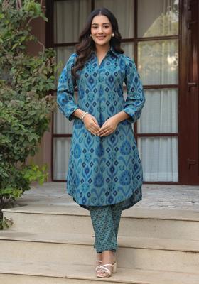 Teal Printed Cotton Kurta Set