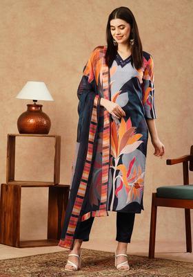 Navy Blue Floral Print Rayon Kurta Set