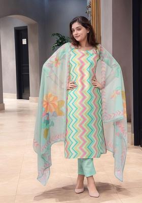 Green Printed Rayon Kurta Set