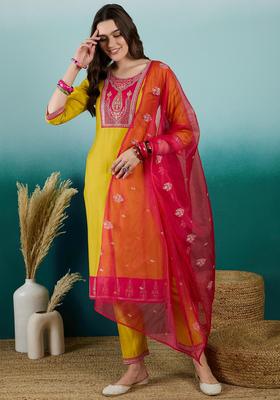 Yellow Embroidery Silk Kurta Set