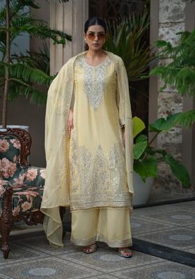 Yellow Embroidery Polyester Palazzo Set