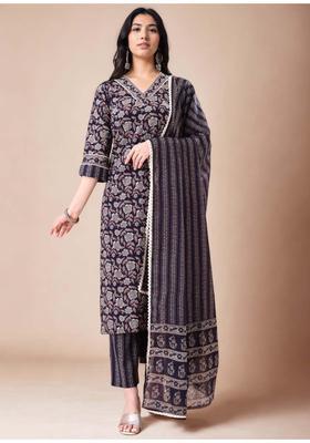Navy Blue Floral Print Cotton Kurta Set