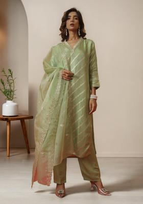 Green Woven Silk Blend Kurta Set
