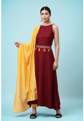 Maroon Embroidery Viscose Kurta Set