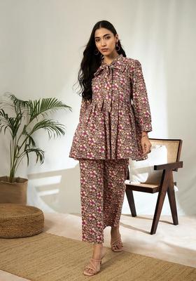Brown Floral Print Cotton Co-Ord Set