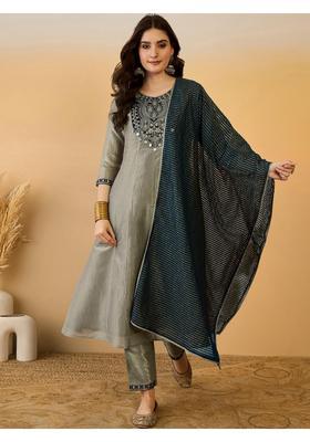 Grey Embroidery Silk Kurta Set