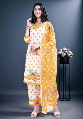 White Floral Print Cotton Kurta Set