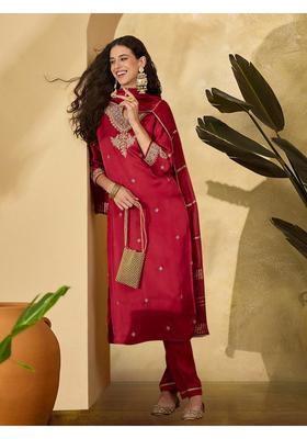 Red Embroidery Silk Kurta Set