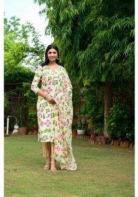 Cream Floral Print Rayon Kurta Set