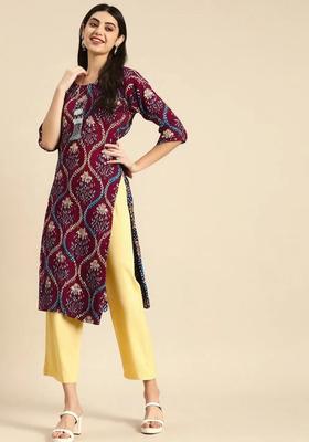 Purple Printed Crepe Kurta Set