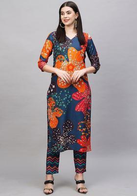 Blue Floral Print Rayon Kurta Set