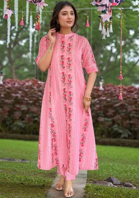 Pink Floral Print Rayon Anarkali Set