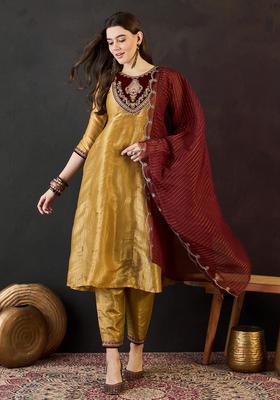 Golden Embroidery Silk Kurta Set