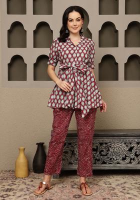 Red And Blue Printed Cotton Co-Ord Set