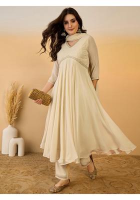 Cream Embroidery Georgette Anarkali Set