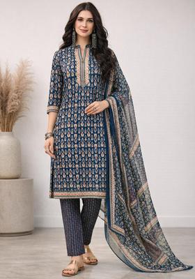 Blue Floral Print Polyester Kurta Set