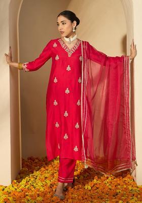 Red Floral Print Silk Kurta Set