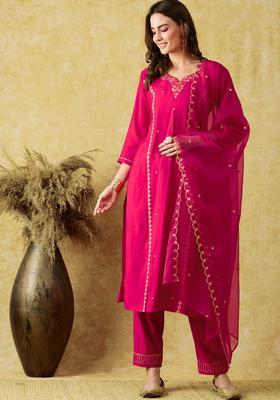 Rani Pink Embroidery Cotton Kurta Set