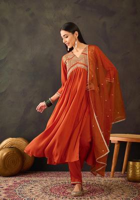 Orange Embroidery Silk Kurta Set