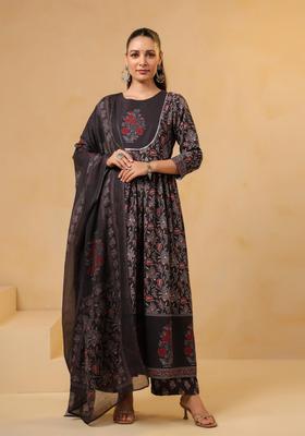 Black Floral Print Rayon Anarkali Set