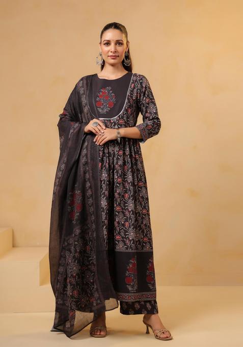 Black Floral Print Rayon Anarkali Set — view on Indya