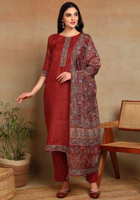 Maroon Floral Print Chanderi Kurta Set