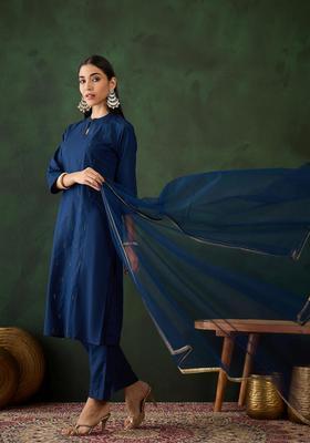 Navy Blue Printed Viscose Kurta Set