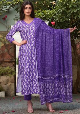 Purple Printed Rayon Kurta Set
