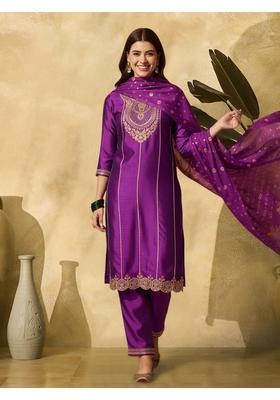 Purple Embroidery Silk Kurta Set
