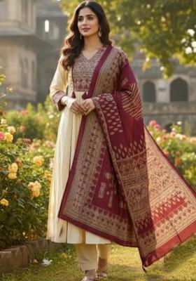 Cream Embroidery Rayon Kurta Set