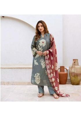 Grey Floral Print Rayon Kurta Set