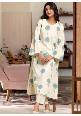 Off White Floral Print Rayon Kurta Set