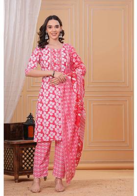 Red Floral Print Cotton Kurta Set