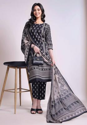 Black Printed Cotton Kurta Set