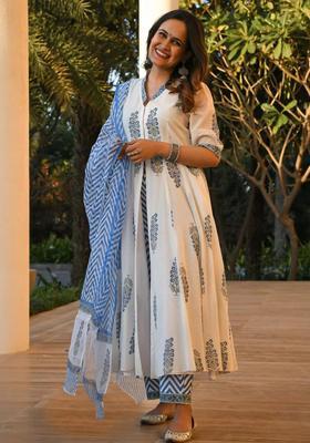 White Floral Print Cotton Anarkali Set