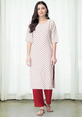 White Floral Print Crepe Kurta Set