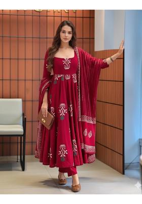 Maroon Floral Print Rayon Anarkali Set