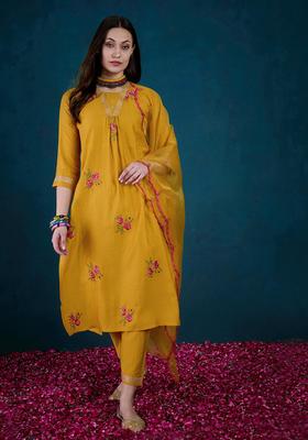 Orange Embroidery Silk Kurta Set