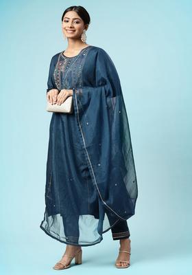 Navy Blue Embroidery Silk Kurta Set