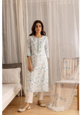 White Floral Print Linen Kurta Set