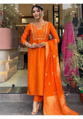 Orange Embroidery Rayon Kurta Set