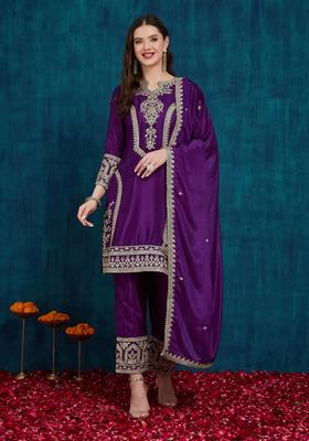 Purple Embroidery Chinon Kurta Set